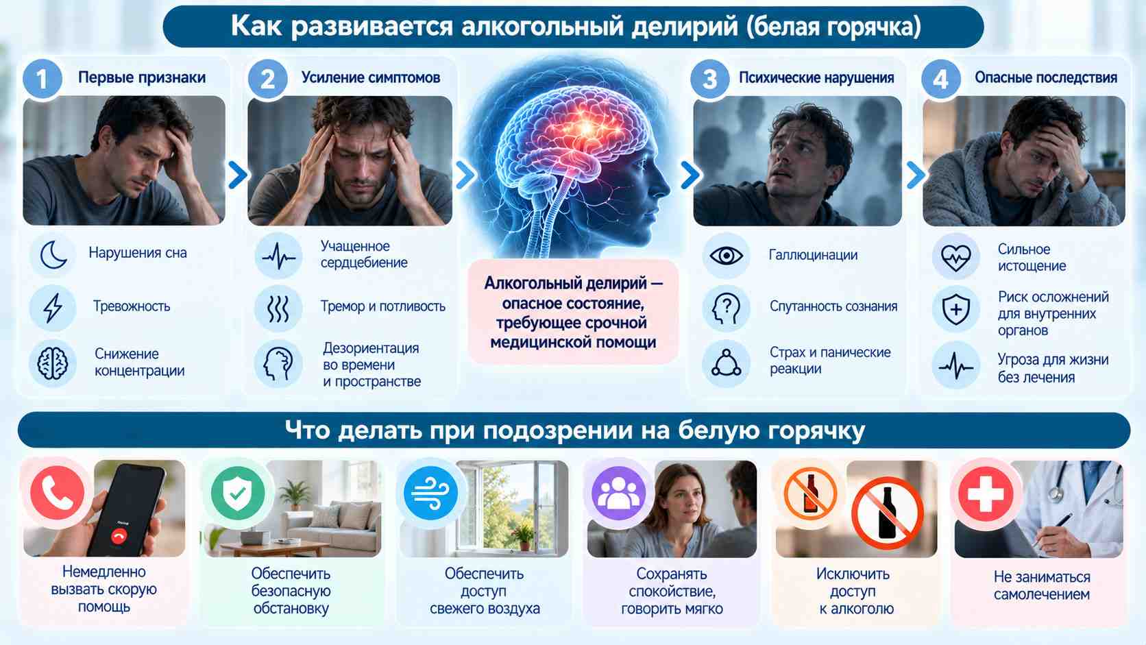 Инфографика об алкогольном делирии: нарушения сна, тревожность, тремор, дезориентация, галлюцинации и действия при подозрении на белую горячку.